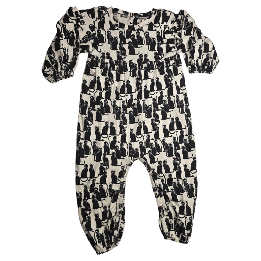 NWT Kate Quinn Bamboo Long Bubble Sleeve Jumpsuit Black Cat Romper & Headband